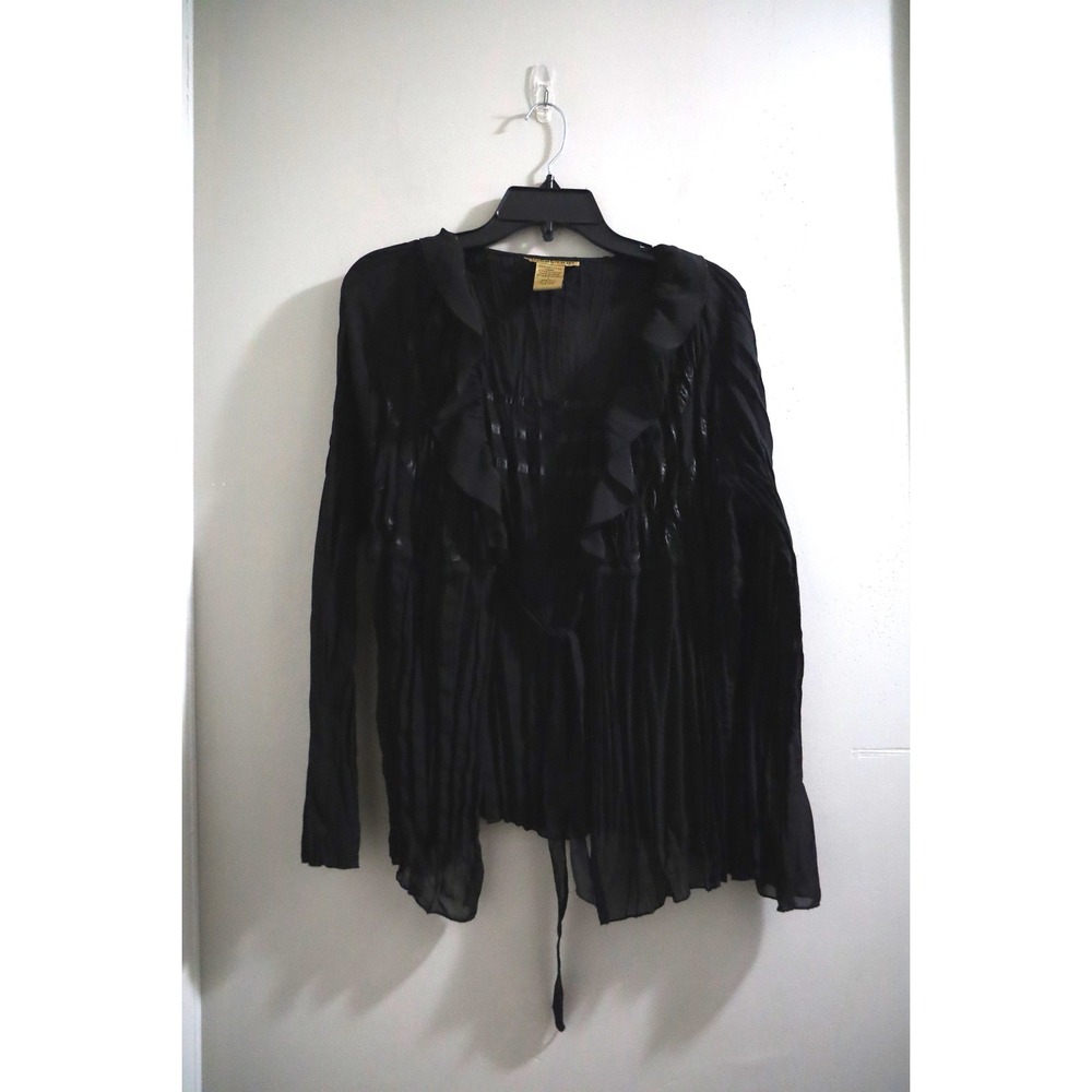 Notations Black‎ Ruffle Front Tie Sheer Blouse Long Sleeve Top Size Large